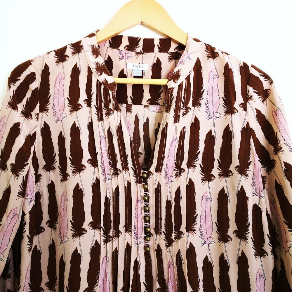 Fossil Riley 100% Silk Feather Pink Brown Button Tunic‎ Dress Size S - Picture 2 of 6